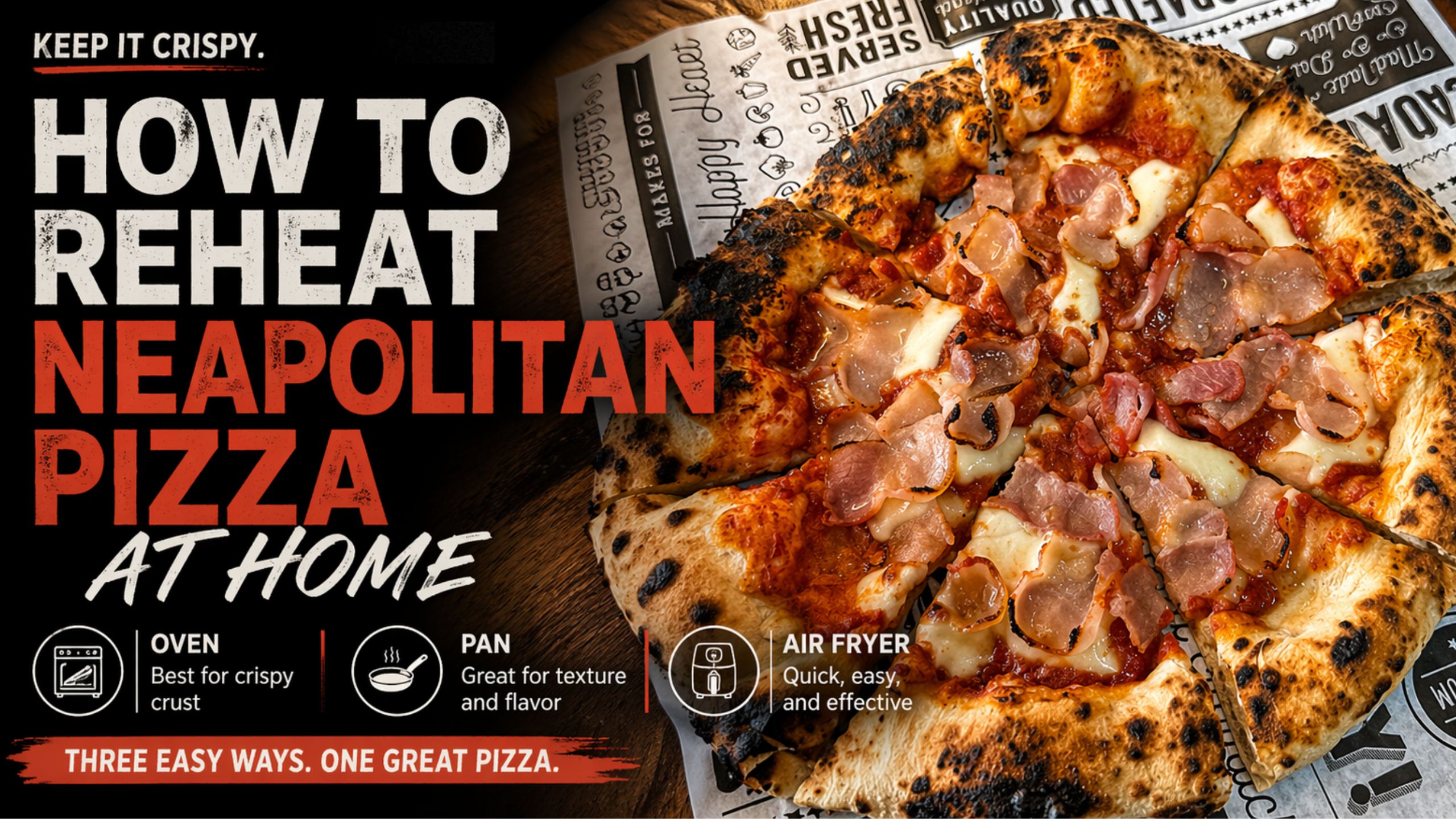 Neapolitan pizza with crispy crust and melted cheese on a wooden table, showing reheating methods using oven, pan, and air fryer